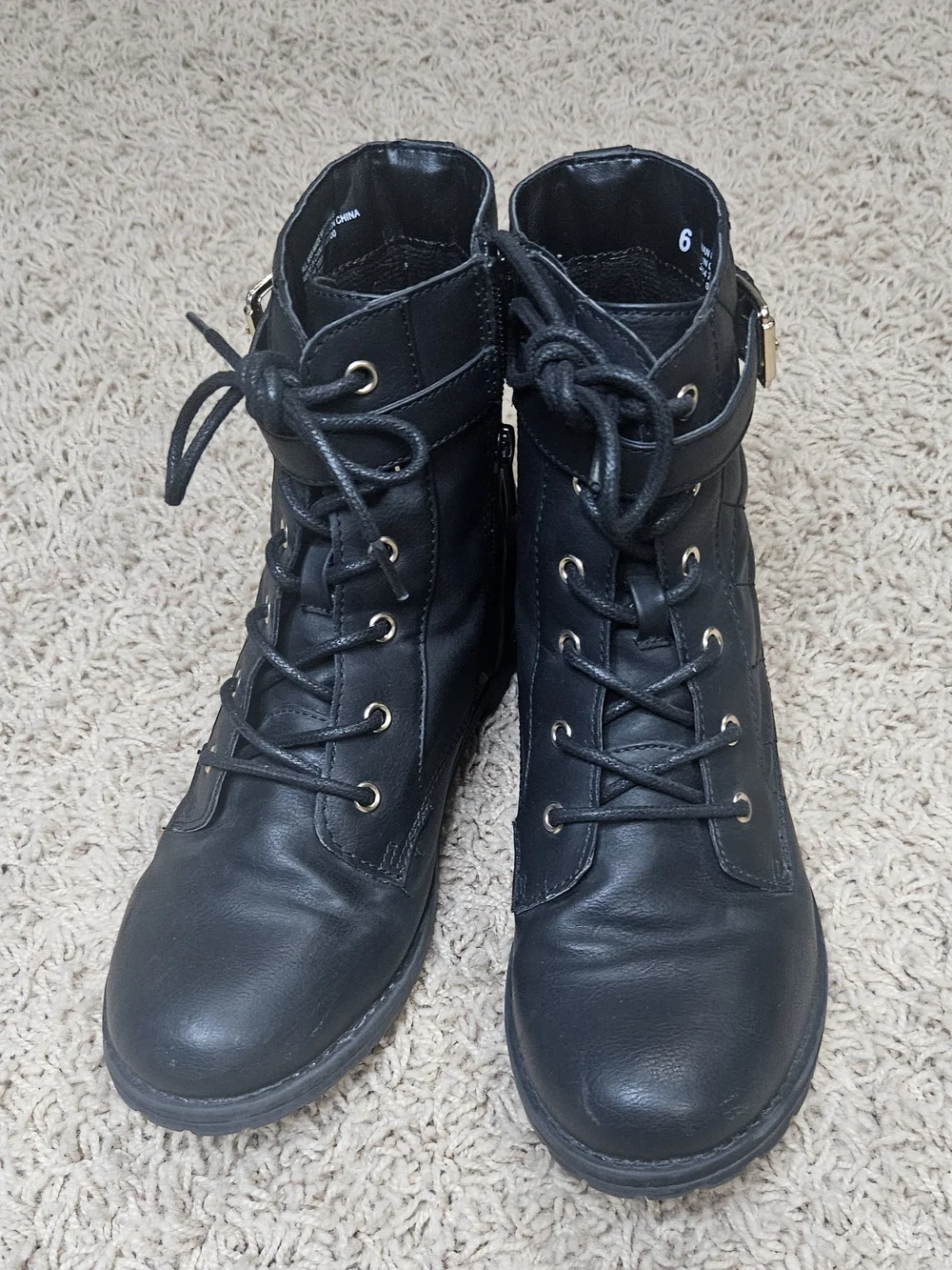 Black Quilted Lace-Up Ankle Boots with Buckle